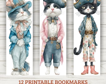 Pirate Cat Watercolor Bookmarks: 12 Nautical Designs (PDF & PNG Downloadable Set)