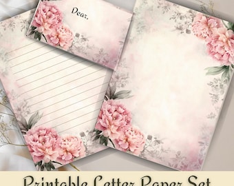 Blush Peony Watercolor Stationery Set – Printable Letter Writing Kit with Lined & Unlined Sheets + Envelope