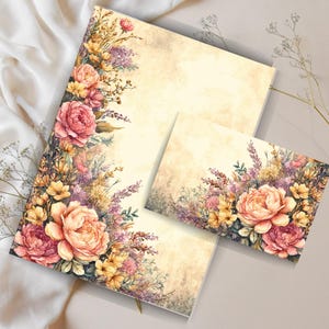 Juego de cartas vintage, elegante papelería floral vintage, juego de cartas con diseño de jardín de peonías, papelería floral imprimible, kit de cartas vintage
