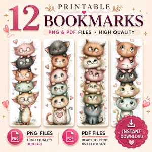 Könnte beinhalten: Druckbare Lesezeichen mit Stapeln von niedlichen Cartoon-Katzen in verschiedenen Farben. Das Bild enthält den Text "12 Bookmarks", "PNG & PDF Files" und "High Quality". Die Lesezeichen sind im US Letter-Format druckfertig.
