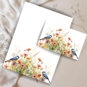 Papelería imprimible con diseño de flores silvestres y pájaros, papel rayado A4, papel de escritura sin rayar y sobre a juego, papel de carta digital, juego de papel digital