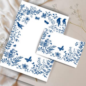 Elegante juego de cartas botánicas azules, papelería imprimible A4, hojas rayadas o sin rayar, suministros para amigos por correspondencia, kit para amigos por correspondencia