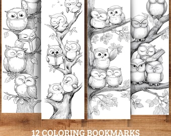 May include: Set of 12 coloring bookmarks featuring detailed illustrations of owls perched on tree branches. Each bookmark measures 2x6 inches. The black and white designs are suitable for coloring. The text at the bottom reads "12 Coloring Bookmarks 2x6 Inches | High Quality".