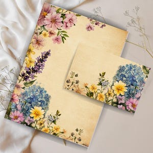 Set di lettere vintage per giardino estivo – Carta da lettere floreale con busta – Carta da lettere stampabile A4 – Fiori pastello acquerellati