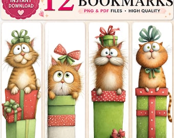 May include: A set of 12 printable bookmarks featuring illustrations of orange cats with large eyes sitting on or inside green and red gift boxes with bows. The text at the top reads 12 PRINTABLE BOOKMARKS, INSTANT DOWNLOAD, PNG & PDF FILES.