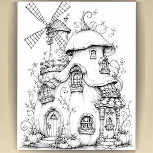 May include: A black and white line art illustration of a multi-story dwelling shaped like a large pumpkin with a windmill attached to the side. The structure features multiple arched windows, a wooden front door, and climbing vines throughout.