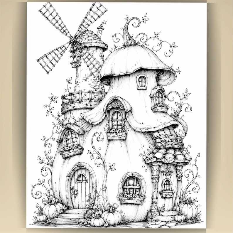 May include: A black and white line art illustration of a multi-story dwelling shaped like a large pumpkin with a windmill attached to the side. The structure features multiple arched windows, a wooden front door, and climbing vines throughout.