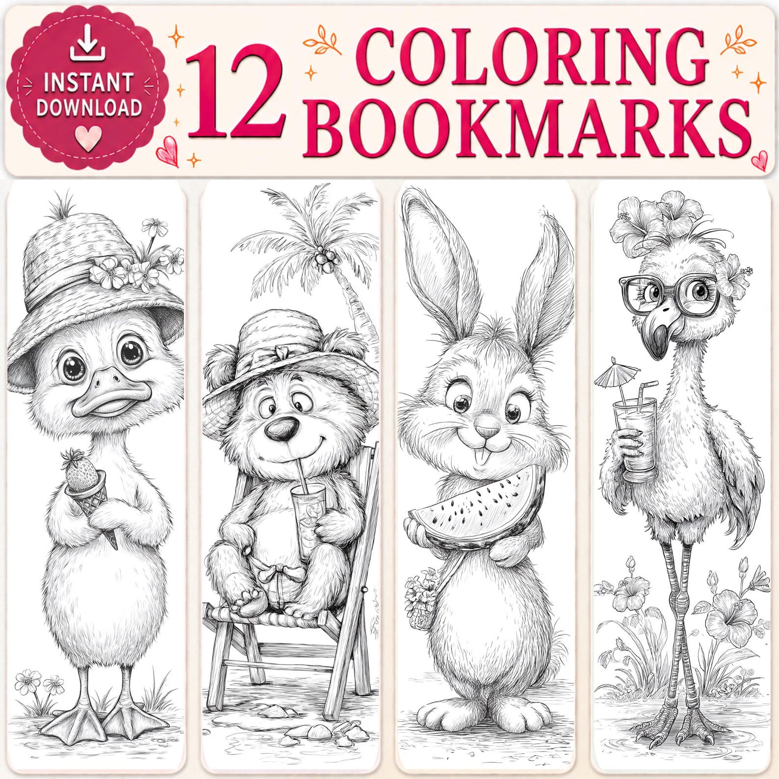 Summer Animal Coloring Bookmarks – Kids Beach Animals DIY Craft (PDF ...