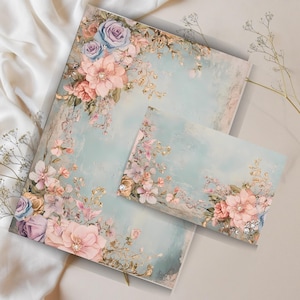 Conjunto de cartas florais vintage elegantes, papelaria digital A4 pautado e sem pauta + envelope, conjunto de cartas para impressão, flores Cottagecore