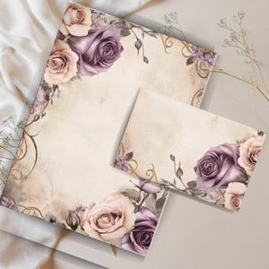 Set de cartas con diseño de rosas vintage: papelería floral romántica, papel A4 rayado y liso + sobre a juego, descarga digital en PDF
