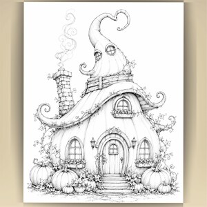 May include: A black and white line art illustration of a pumpkin-shaped house with a tall, curved roof, a brick chimney with smoke, arched windows, and a central door. The structure is surrounded by vines and several pumpkins on the ground.