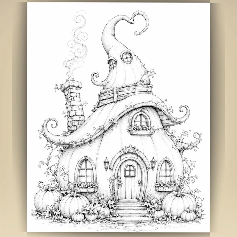May include: A black and white line art illustration of a pumpkin-shaped house with a tall, curved roof, a brick chimney with smoke, arched windows, and a central door. The structure is surrounded by vines and several pumpkins on the ground.