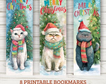 May include: Set of 8 printable Christmas bookmarks featuring watercolor illustrations of cats wearing Santa hats and scarves. Each bookmark has a Christmas tree background and the words "Merry Christmas". Bookmarks are 2x6 inches.