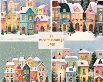 Conjunto de imágenes prediseñadas de un pueblo navideño: ilustraciones festivas de las fiestas (descarga digital JPG), uso comercial.