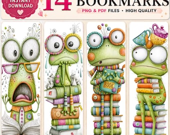 Bookish Frog Printable Bookmarks – Funny Reading Frogs, Kawaii Designs (PDF & PNG)