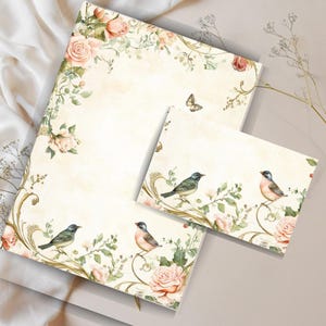 Set di carta da lettere vintage con uccelli e rose, carta da lettere A4 stampabile, set di lettere stampabile, fogli di carta da lettere a righe e non a righe, set di lettere vintage