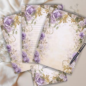 Vintage Purple Rose Printable Stationery Set: Lined & Unlined Notes, Letter Writing Kit, Pen Pal Supplies