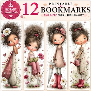 May include: A set of 12 printable bookmarks featuring illustrations of four distinct characters with curly brown hair, wearing floral and patterned clothing, surrounded by flowers, a book, an umbrella, and a watering can, with text at the top.