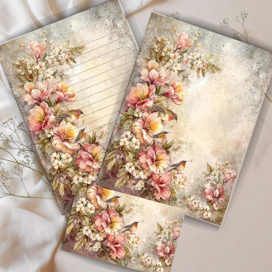 Vintage Floral Bird Stationery Set – Printable Letter Writing Kit (PDF ...