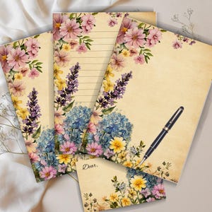 Vintage Floral A4 Printable Stationery Set: Summer Garden Watercolor Letter Paper with Envelope,