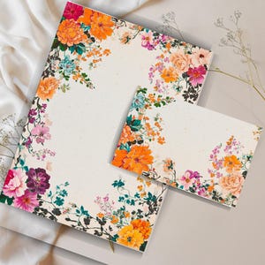 Juego de cartas con vibrantes diseños florales de acuarela, papelería imprimible, hojas de notas con o sin líneas, bonito papel de notas con o sin líneas.