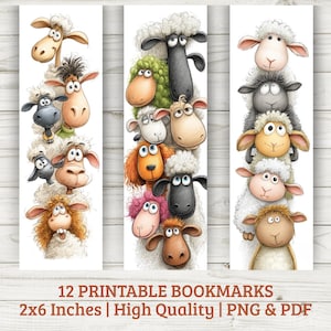 May include: Three printable bookmarks featuring cartoon sheep with various colours and expressions. The bookmarks are 5 x 15 cm in size. The sheep have different coloured wool and facial expressions. The text at the bottom says "12 Printable Bookmarks".