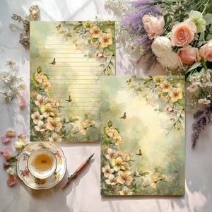 Papelería digital con acuarela y diseño floral de melocotón, tamaño A4, con y sin rayas, para escribir en diario y cartas imprimibles.