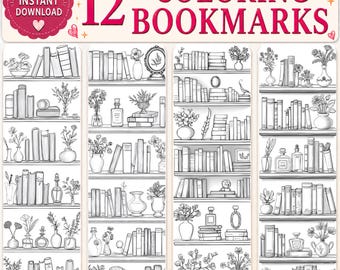 Printable Bookshelf Coloring Bookmarks – Elegant Reading Journal-Inspired Set (12 Designs) - Instant Download PDF Format