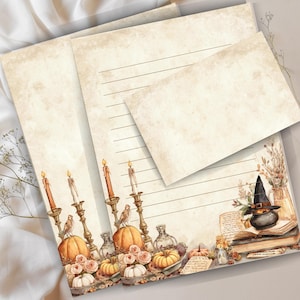 Pode incluir: Conjunto de papelaria em estilo vintage com tema de Halloween. O design inclui abóboras, velas e um caldeirão de bruxa. O conjunto inclui papel pautado e um envelope, ideal para correspondência de outono. A paleta de cores inclui laranjas quentes, beges e castanhos.