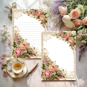 Juego de cartas con rosas vintage, papel rayado o liso, papel de carta vintage, papel rayado para escribir, papelería floral imprimible