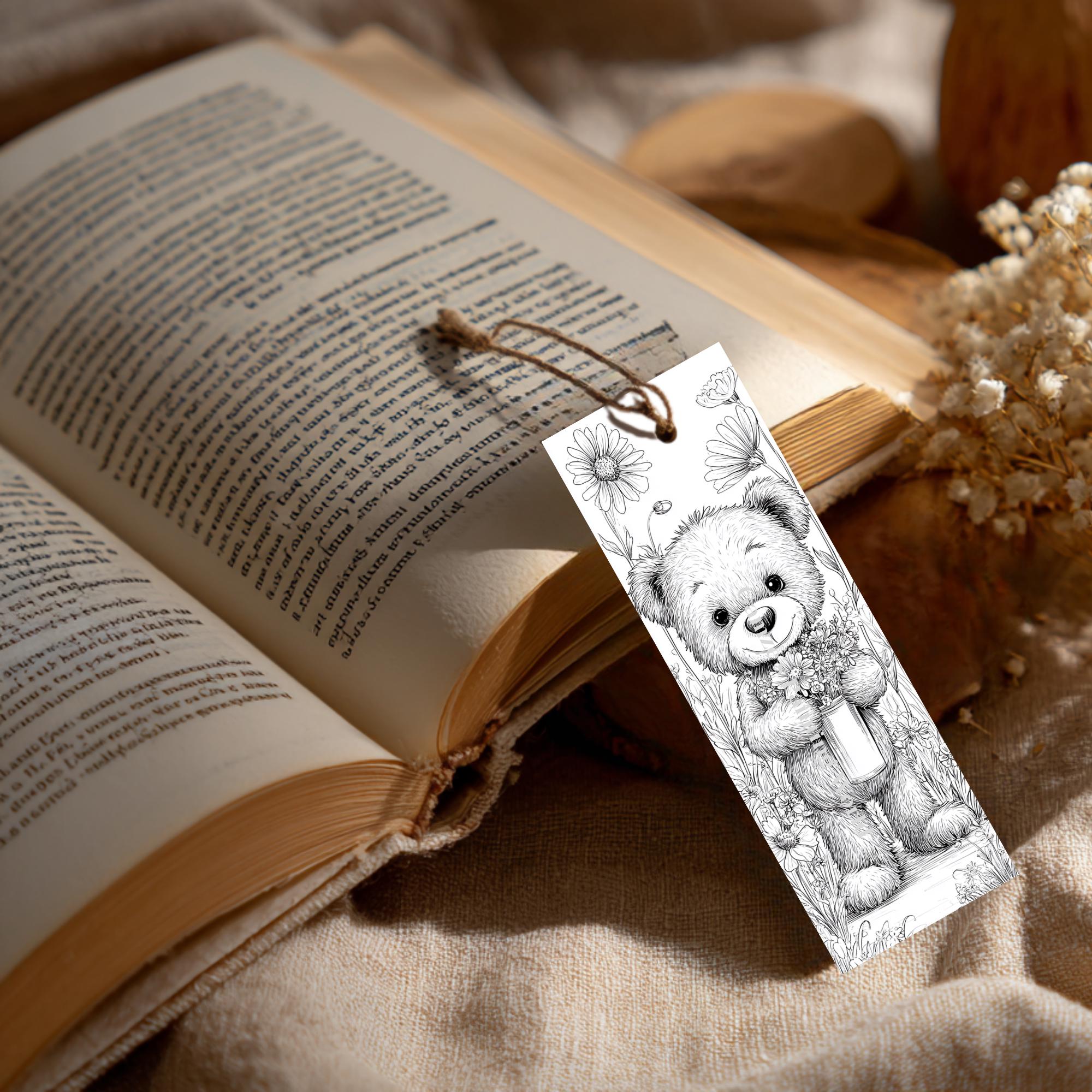 Teddy Bear Coloring Bookmarks | Floral Kids Craft (PDF Printable Set of ...