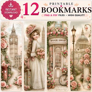 Puede incluir: Un conjunto de 12 marcapáginas imprimibles con ilustraciones de monumentos de Londres, una persona con vestido vintage, una librería y rosas rosas. El texto dice 12 PRINTABLE BOOKMARKS, INSTANT DOWNLOAD, PNG & PDF FILES, HIGH QUALITY.