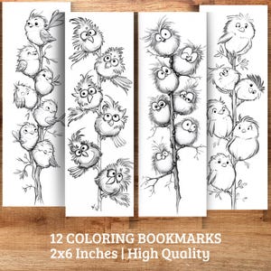Bird Coloring Bookmarks: 12 Quirky Birds Printable Bookmarks, Digital Downloads, PDF Format