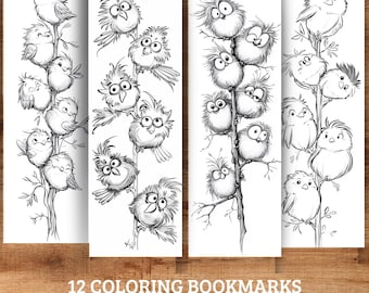 Bird Coloring Bookmarks: 12 Quirky Birds Printable Bookmarks, Digital Downloads, PDF Format