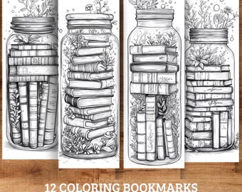 Segnalibri da colorare – Set di barattoli porta-libri stampabili, regalo fai da te digitale per adulti, accessorio per la lettura da scaricare in formato PDF