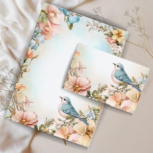 Juego de cartas con diseño floral de pájaros azules de primavera, hojas de papelería con o sin rayas, kit para escribir cartas, kit para amigos por correspondencia, suministros para amigos por correspondencia, amigos por correspondencia