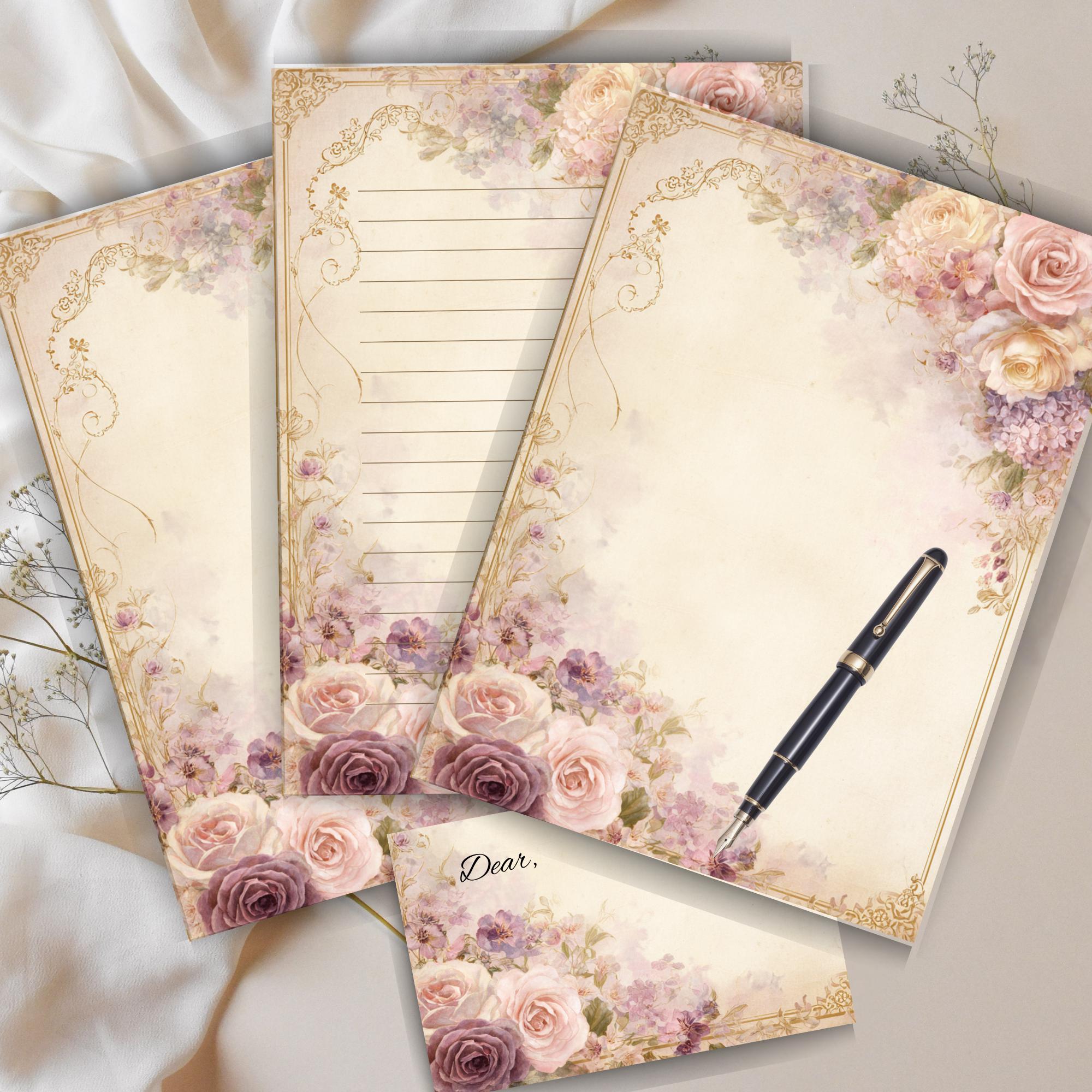 Vintage Rose Hydrangea Stationery Set: Floral Letter Writing Paper (A4 ...