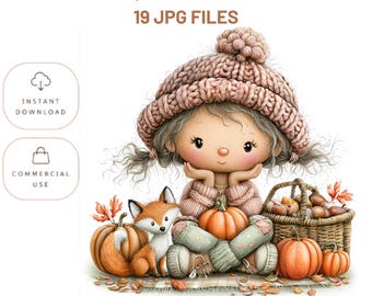 Paquete de imágenes prediseñadas de una chica acogedora de otoño, gráficos otoñales en acuarela (descarga digital)
