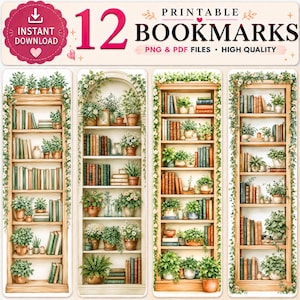 May include: A set of 12 printable bookmarks featuring illustrations of tall wooden bookshelves filled with various books and potted plants. The text at the top reads 12 PRINTABLE BOOKMARKS, PNG & PDF FILES, HIGH QUALITY, and INSTANT DOWNLOAD.