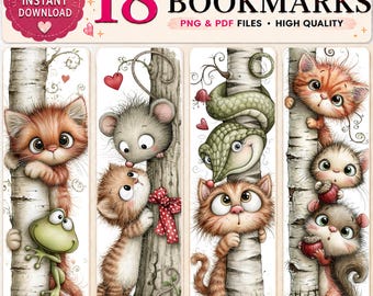 Curious Kitten Printable Bookmarks – Woodland Animals Watercolor Art (PDF PNG Files)