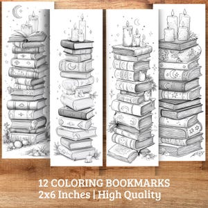 Può includere: Quattro segnalibri da colorare in bianco e nero con pile di libri con candele, lune e stelle. I segnalibri misurano circa 5 x 15 cm. Il testo in basso recita "12 Coloring Bookmarks 2x6 Inches | High Quality."