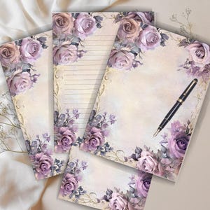 Printable Lavender Rose Letter Writing Set, Elegant Vintage Stationery, Stationery Lined Or Unlined Note Sheets, Pen Pal Supplies