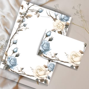 Juego de cartas con rosas trepadoras en beige y azul, kit de papelería imprimible, papel A4 rayado y sin rayar con sobre, diseño floral de acuarela