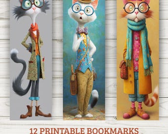 Quirky Cats Printable Bookmarks – 12 Whimsical Designs | Instant Download Book Marks PDF & PNG
