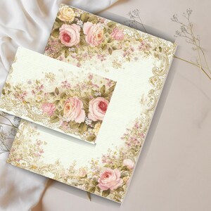 Set da scrittura con lettere vintage e rose, carta da lettere a righe o bianca, carta da lettere vintage, carta da lettere a righe, cancelleria floreale stampabile