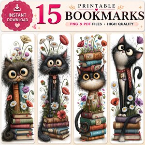 Black Cat Printable Bookmarks – 15 Whimsical Book Stack Cat Designs | Instant Download PDF & PNG
