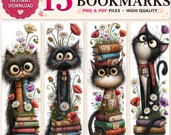 Marcapáginas imprimibles de gato negro: 15 diseños originales de gatos apilados en libros / Descarga instantánea en PDF y PNG