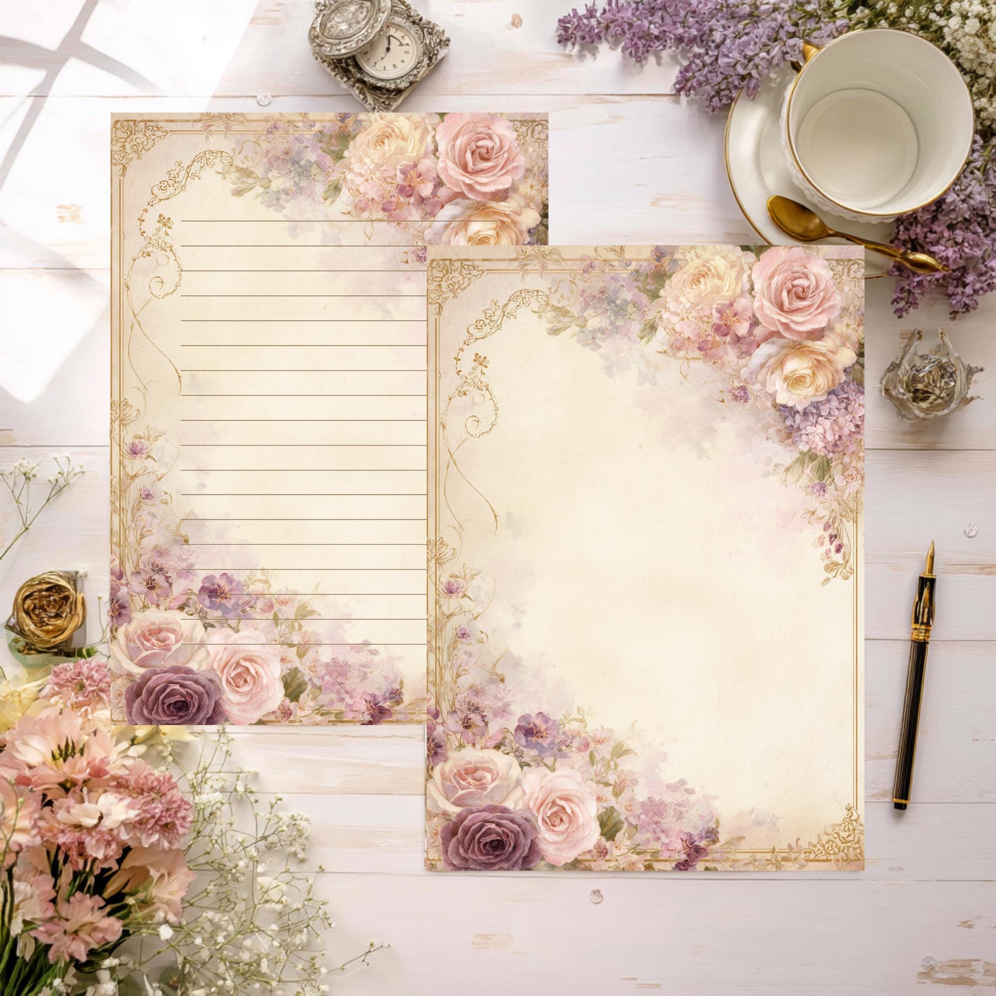 Vintage Rose Hydrangea Stationery Set: Floral Letter Writing Paper (A4 ...