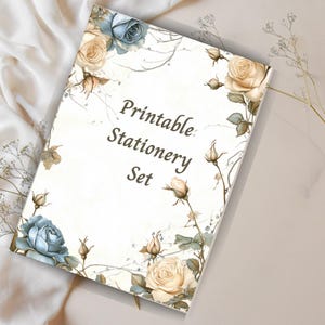 Papel de papelería imprimible con elegantes rosas azules y crema, papel de escritura floral vintage A4, hojas de notas con o sin rayas, kit para amigos por correspondencia.