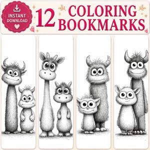 Adorable Whimsical Monster Coloring Bookmarks Printable PDF Set for Kids Reading Fun (PDF Download)